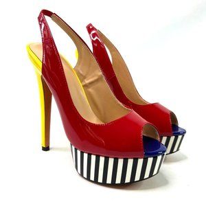 New Platform Heels Red Yellow Blue Black White Stripe Size 8 Bright Colorful